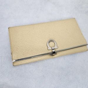 Salvatore Ferragamo Tan Wallet Long Flap Front Silver Clasp Clip